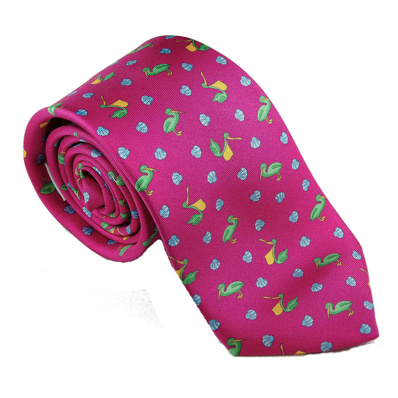 Cravate en soie tissée rose motifs coquillages et animaux